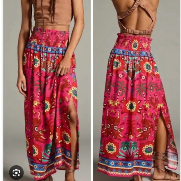 Farm Rio Skirt Smocked Printed Maxi in Pink Floral - Picture 2 of 8